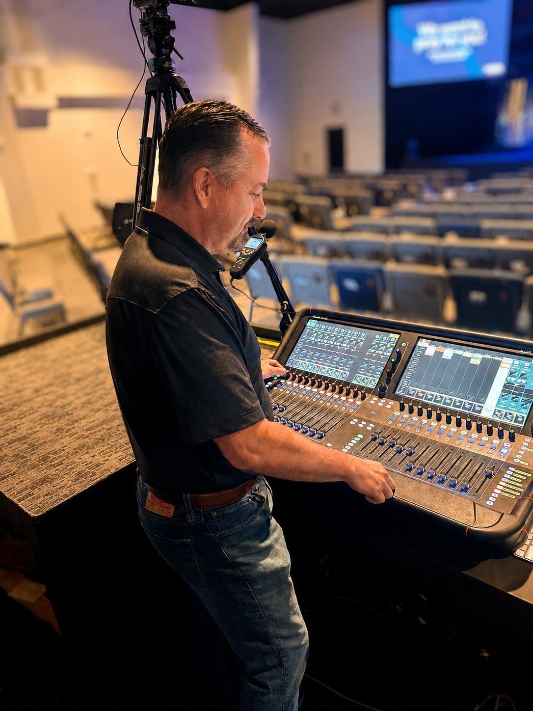 Michael Robertson at the audio console — Equip AVL founder