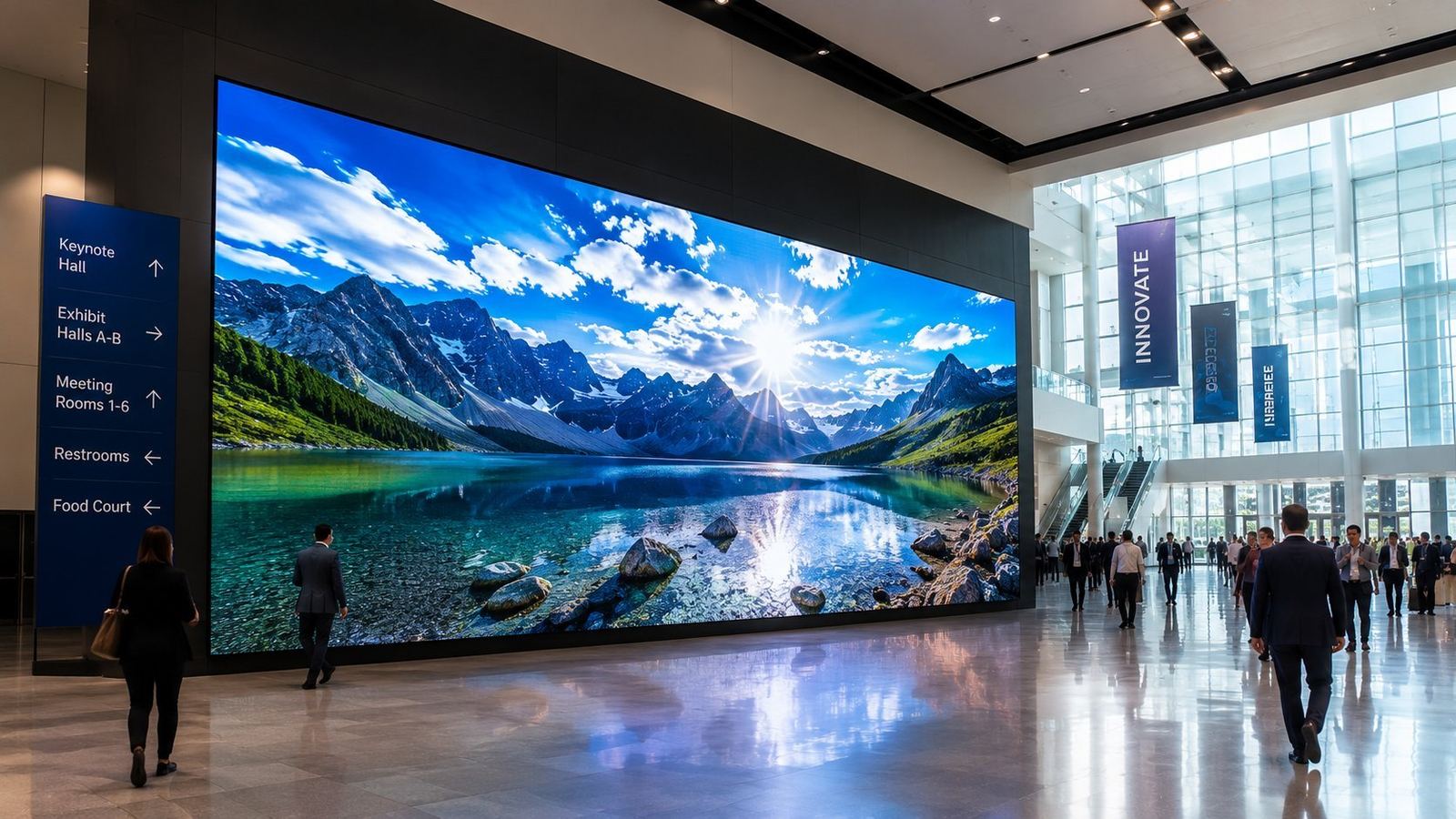 Large format MicroLED video wall in convention center lobby