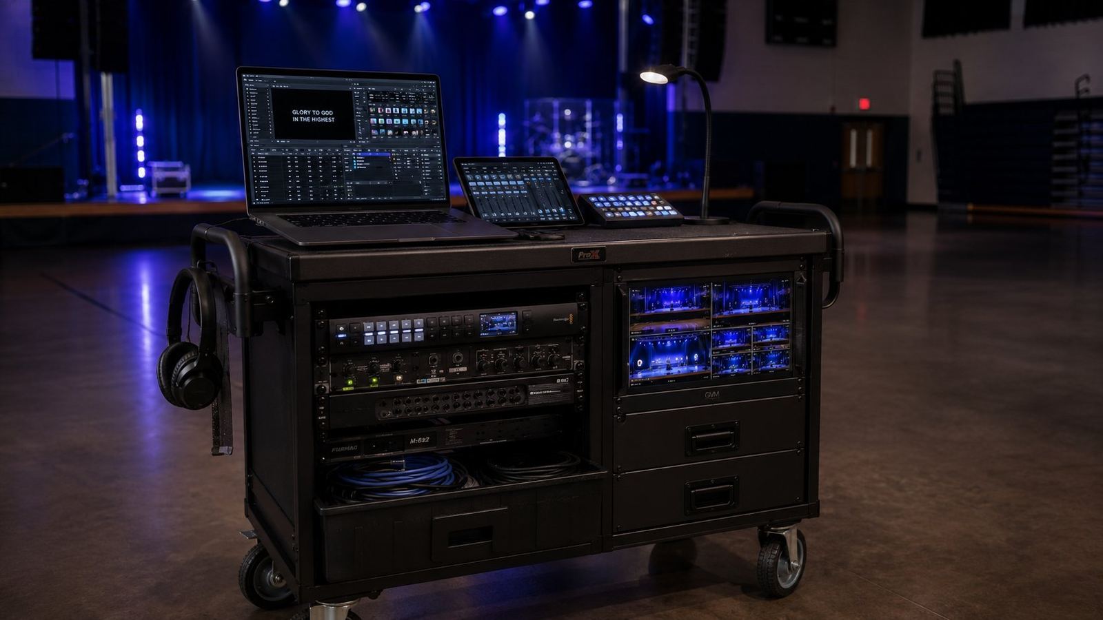 Mobile church road case with rack equipment and laptop