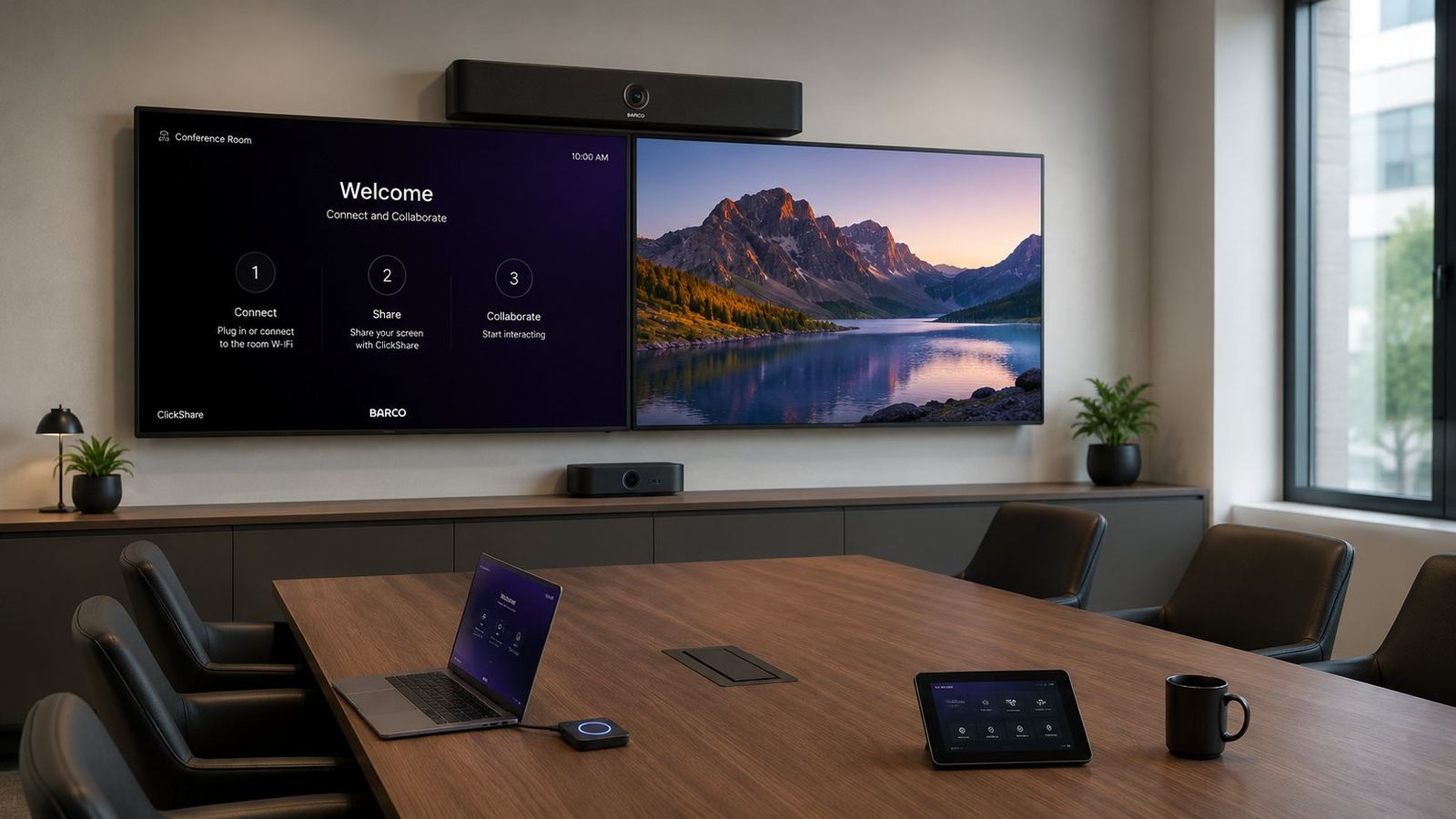 Modern conference room with dual displays, Barco ClickShare, and room control tablet